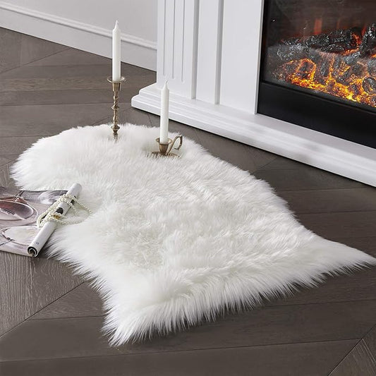 SERISSA Faux Sheepskin Fur Area Rug White Fur Chair Cover Seat Pad Small Fuzzy Rug for Bedroom Floor Sofa Living Room Decor 2x3 Feet