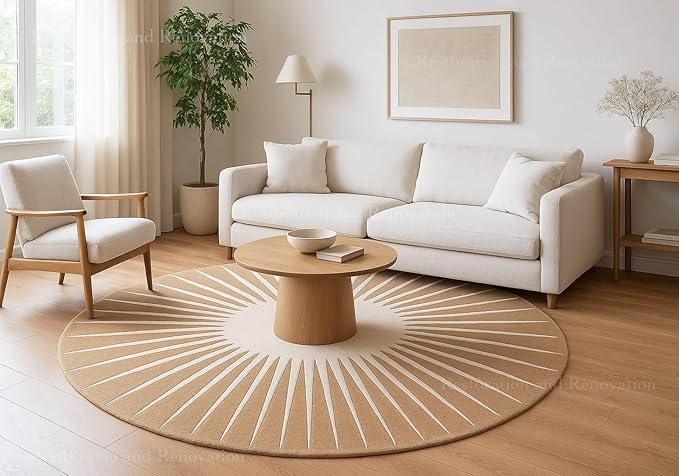 Modern Round Area Rug – Hand-Tufted with 100% NZ Wool, Thick & Soft Circular Carpet for Living Room, Bedroom & Dining Room Decor (Warm Natural, 3' Round)