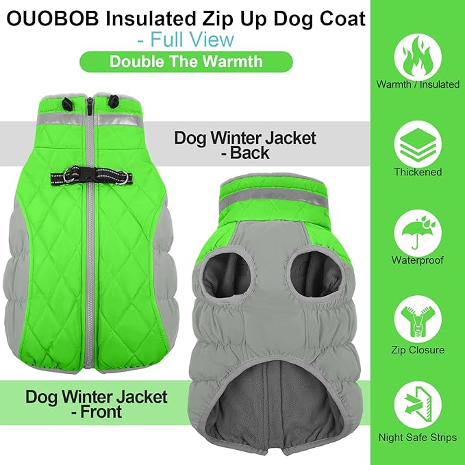 OUOBOB Warm Dog Coats For Large Dogs, Waterproof Dog Jacket With Harness, Zipper Clousure, Fleece Lining, Turtleneck, For Cold Weather Outdoor Walks, Pet Snowsuit For Beagle, Cocker Spaniel, Corgi- XL