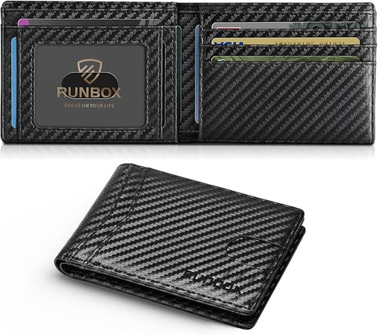 RUNBOX Wallet for Men Slim Leather Bifold RFID Blocking Minimalist Front Pocket Design with Gift Box
