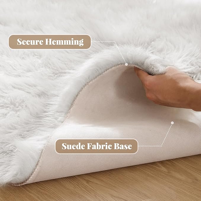 White Shag Washable Area Rugs for Living Room Faux Sheepskin Fuzzy Fur Rug for Bedroom Nursery Rug 3x5 Teen Room Décor Boho