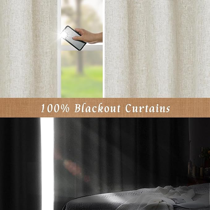 LAMIT Stone 100% Blackout Linen Curtains, 84 Inch Linen Textured Living Room Bedroom Drapes Room Darkening Back Tab and Rod Pocket Neutral Panels with White Liner, 2 Panels, 60 x 84 Inch