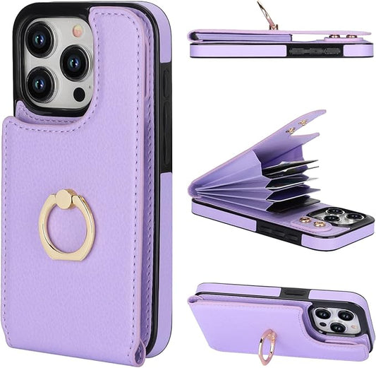 Folosu Compatible with iPhone 15 Pro Case Wallet with Card Holder, 360°Rotation Finger Ring Holder Kickstand, RFID Blocking Leather Protective Double Buttons Shockproof Cover 6.1 Inch Purple