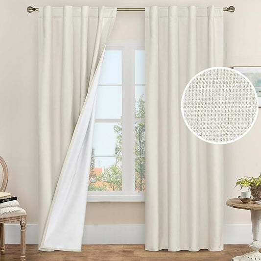 LAMIT Ivory 100% Blackout Polyester Curtains 84 Inches Long, Polyester Living Room Farmhouse Curtains Full Room Darkening Back Tab and Rod Pocket Panels with White Liner, 2 Panels, 38 x 84 Inch