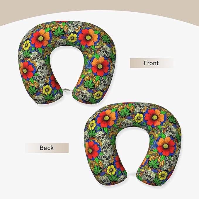Neck Travel Pillow, Women Men Washable Airplane Car Pillows Pot Leaf Skull Weedleaf, Head Support Rest U Shaped Cushion Comfortable for Watching TV