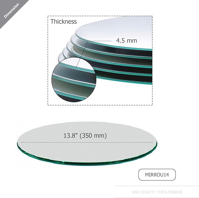WGVI WGV Large Round Mirror Plate 14" Diameter, 4.5 mm Thickness, Frameless Sanded Edges, Quality Thick Candle Tray, Home Event Party Wedding Table Centerpiece Wall Decor, 1 Piece