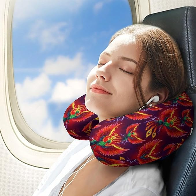 Funny Memory Foam Neck Pillow Travel U Shaped Cushion with Zip Cover, Chin Support for Airplane Car Office Home Nap, Abstact Flaming Fire Flame Bird Wings Art