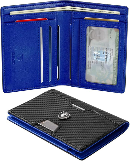 GSOIAX Wallet for Men Slim RFID Blocking Front Pocket Bifold Wallet Leather Money Clip 10-12 Cards Mens Wallet with ID Window Thin Minimalist Credit Card Holder Birthday Gifts for Men Carbon-Blue