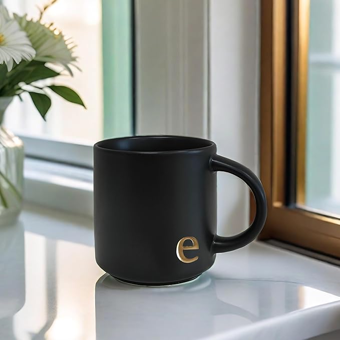 COLLECTIVE HOME - Black Monogram Ceramic Mugs, 15 oz Golden Initial Coffee Cups, Elegant Alphabet Tea Mugs, Personalized Halloween Mug with Gift Box, Perfect for Office and Home Décor (e)