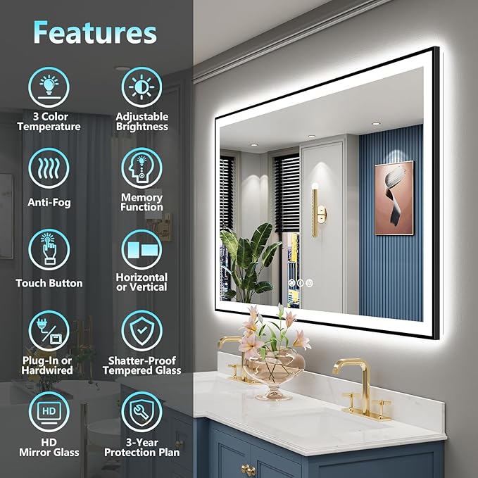 55x40 Black Framed LED Bathroom Mirror with Lights, Backlit and Front Lit, Anti-Fog Lighted Vanity Mirrors for Bathroom Wall, Dimmable, 3-Color Light, Memory, Shatter-Proof, HD Tempered Glass