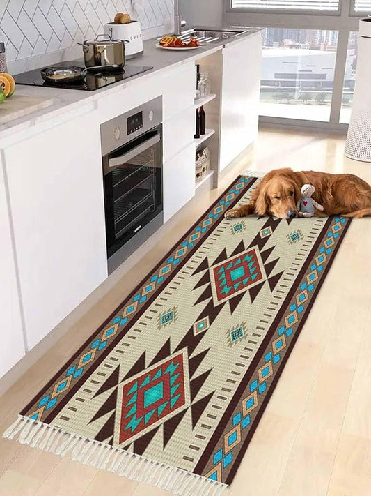 Boho Southwestern Runner Rug 2X4 Ft Entryway Outdoor Indoor Mat, Washable Woven Aztec Abstract Geometric Throw Carpet with Tassel, Non-Shedding Vintage Native American Patterned Hallway Bath Mats