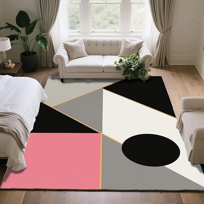 Abstract Geometry Rug - 6x8 Area Rug, Modern Geometry Rugs, Minimalist Aesthetics Dining Room Rugs, Washable & Non Slip Large Carpet Home Decor
