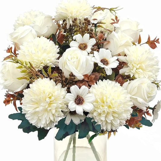 3 Pcs Fall Flowers Artificial Mums Silk Fake Mums Bouquet Faux Floral Arrangements Home Indoor Outdoor Planter Decor Party Wedding Table Autumn Decoration (White)