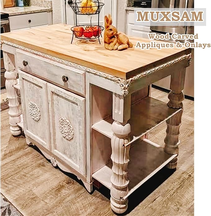 MUXSAM 4Pcs Wood Carved Appliques Onlays, Unpainted Little Wooden Corners Flower Carvings Decals for Mirrors Cabinets Walls Doors Chests Dressers Night Stand DIY Artwork Project, 8x8cm/3.15"x3.15"