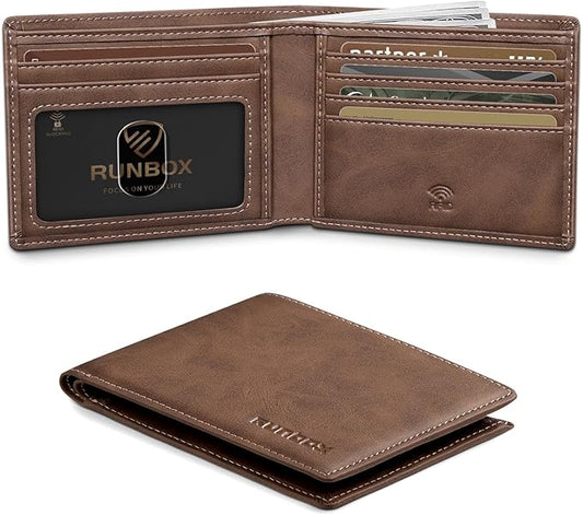 RUNBOX Wallet for Men Slim Leather Bifold RFID Blocking Minimalist Front Pocket Design with Gift Box