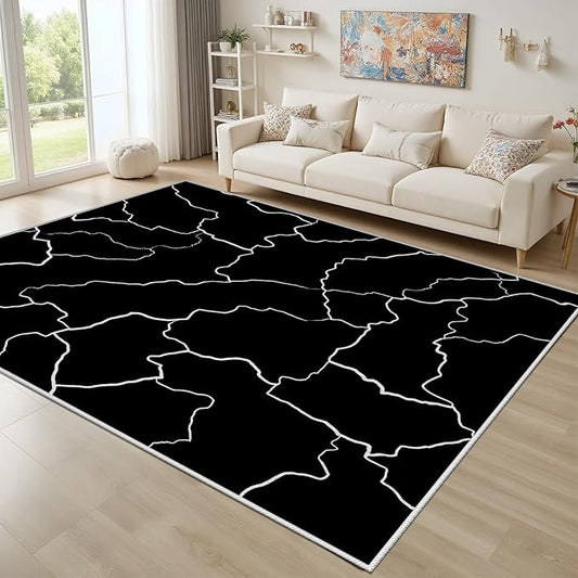 Abstract Rugs for Living Room - Modern Washable Area Rug, 7x9 Abstract Black and White Rug, Minimalist Rugs,Carpet Non Slip Home Decor