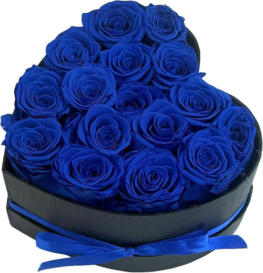 Preserved Roses Heart Shape Box Valentines Day Gifts for Her Mothers Day Forever Flowers (Blue, 16 Roses)