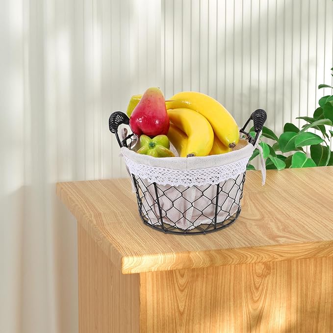 Wire Storage Basket with Fabric Liner and Handle round Iron Wire Fruit and Egg Basket for Kitchen and Table Organization for Home Storage