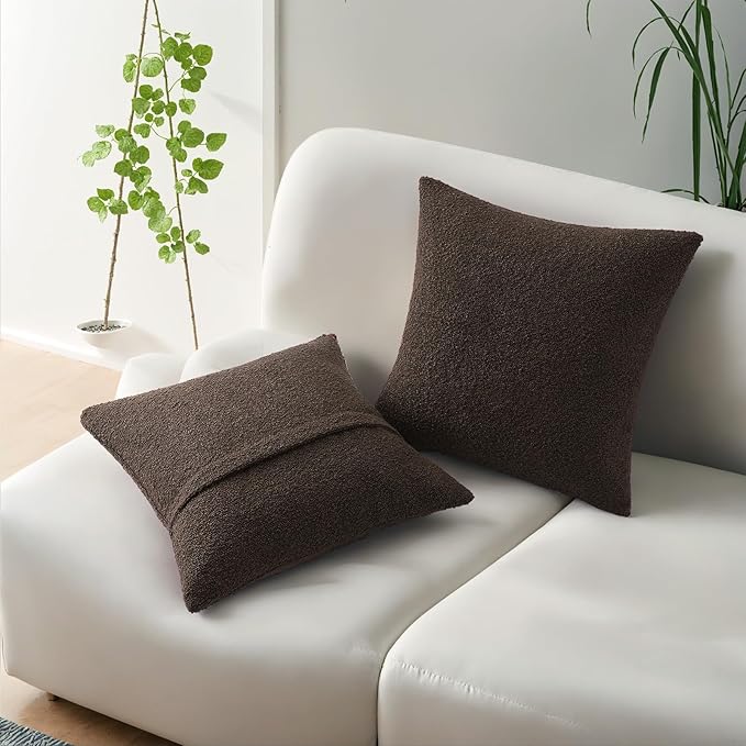 HAUSSY Set of 2 22x22 Decorative Throw Pillow Covers, Soft Cozy Textured Boucle Couch Cases, Home Decor for Couch Bed Living Room, Dark Coffee