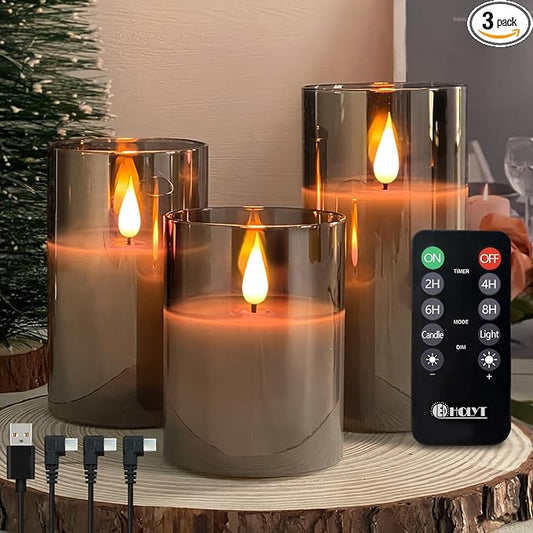 Rechargeable Flameless Candle, Flashing LED Pillar Real Wax Candle with Remote Control and Timer, Upgraded Teardrop Wick, Gray Electronic Candle, 1 Set of 3