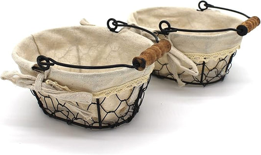 CVHOMEDECO. Primitives Country Chicken Wire Small Gift Baskets Gathering Baskets with Wooden Handle and Fabric Liner. Set of 2 (Oval) Matt Black