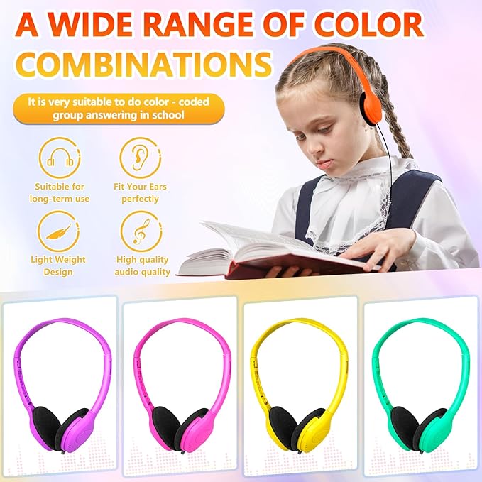 Kids Headphones Bulk 30 Pack for School Classroom Student Children Boys Girls Teen Computer Class Set of Headphones for Students Multi Color