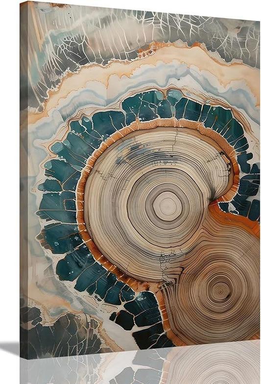 IBHJSART Framed Tree Ring Canvas Wall Art Vintage Colorful Wood Stump Painting Prints Modern Minimalist Pictures Neutral Nature Rustic Farmhouse Decor Living Room Bedroom Bathroom Office