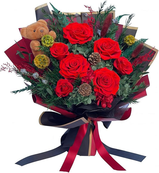 HUACHIPLUS Preserved Bouquet with Bear: Big Flowers Big Love-Romantic Gifts for Her Wife Girlfriend Mom-Flowers for Delivery Prime on Christmas Valentines Day Anniversary Mothers Day Birthday (Red1)