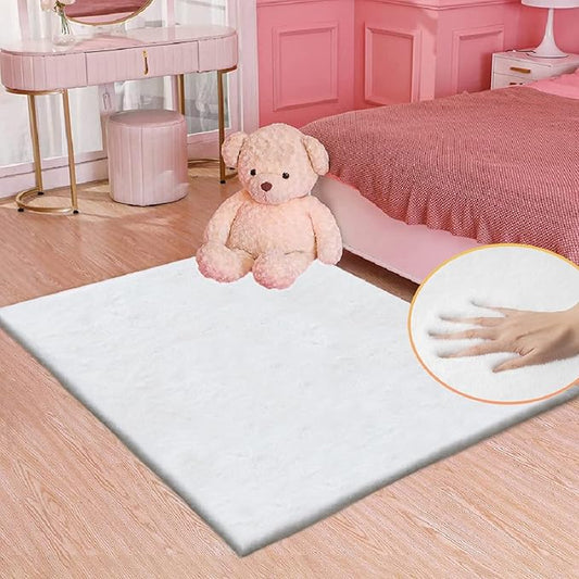 White Shaggy Bunny Fur Rugs for Living Room Washable Furry Area Rugs for Bedroom Nursery Rug 3x5 Teen Room Décor Boho Rug