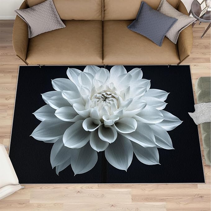 Petals Washable Area Rugs 4x5 Non-Slip Dahlia Living Room Rug White Flower Soft for Carpet Low Pile Indoor Door Mat & Room Decor