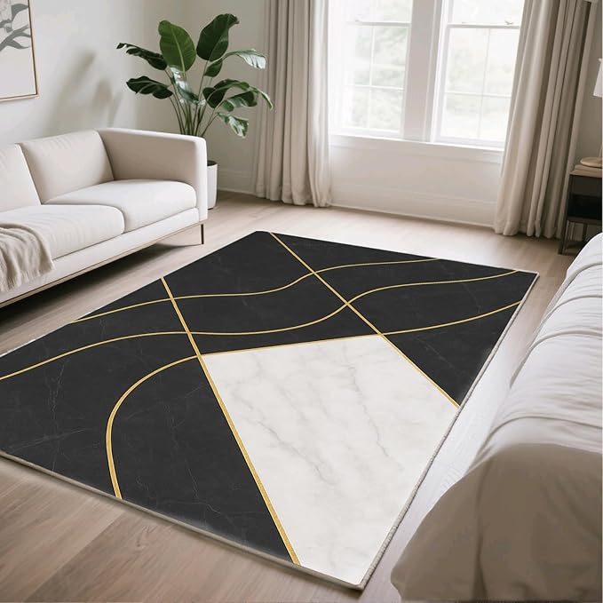 Geometric Marble Rug - 5x7 Area Rugs, Abstract Lines Rug, Luxury Marble Bedroom Rugs, Washable & Non Slip Carpet Home Decor