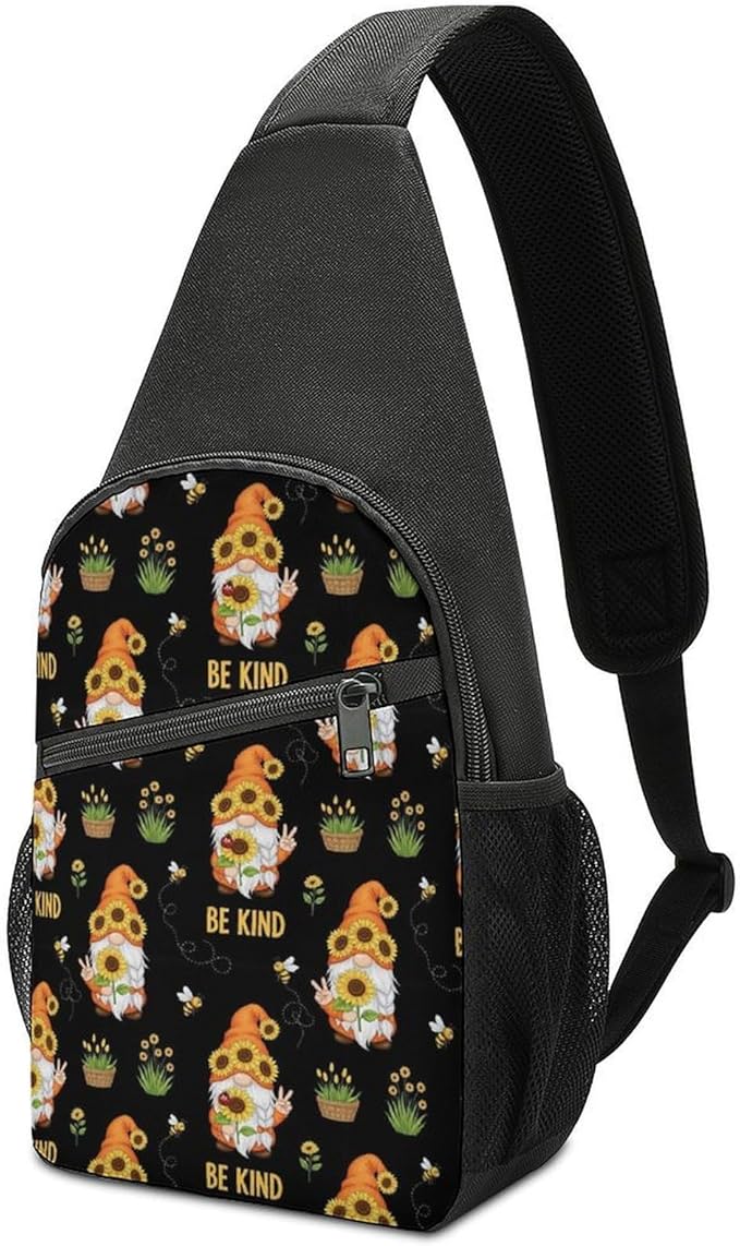 SWEET TANG Cool Sling Backpack for Men Women, Multipurpose Crossbody Shoulder Bag Be Kind Sunflower Gnome, Travel Hiking Zippered Daypack, Adjustable and Breathable