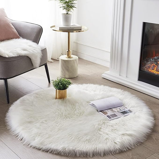 SERISSA Soft Round Faux Sheepskin Fur Area Rug White Circle Fluffy Rugs Circular Shaggy Rug Plush Circle Carpet Play Mats for Kids Girls Room Princess Castle Christmas, 5ft Diameter