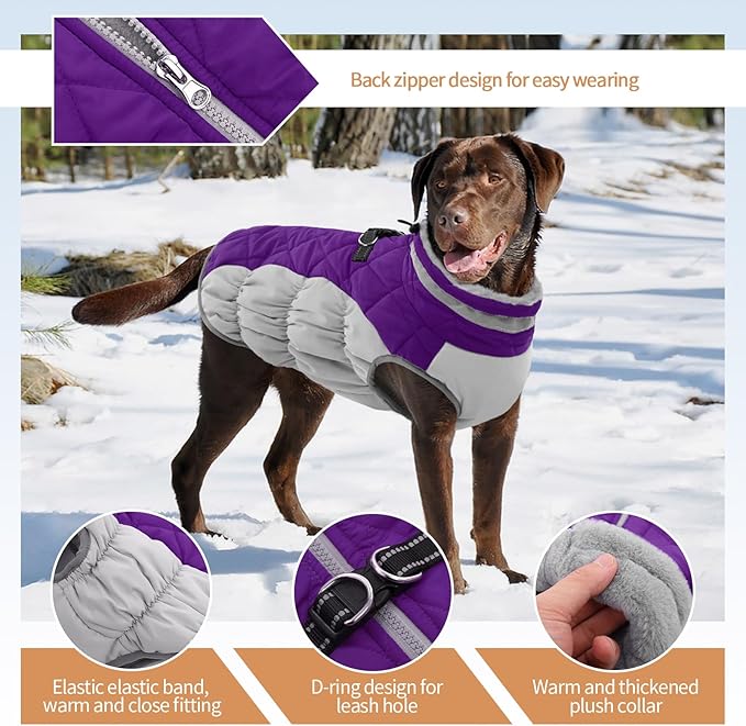 OUOBOB Dog Jackets for Medium Dogs,Medium Dog Coat,Warm Pet Winter Coat Zip Up Back,Waterproof Dogs Jacket with D-Ring,Pet Cold Weather Coats with Fleece Lined, Snowsuit Pug Boston Terrier,Purple,M