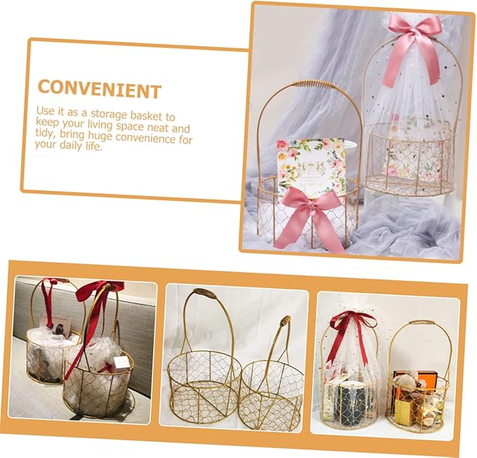 Zerodeko Decorative Iron Wire Basket with Handle Round Storage Basket for Wedding Home Organization Flower Girl Fruits and Elegant