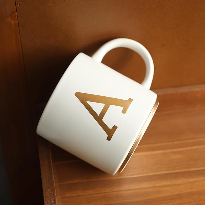COLLECTIVE HOME - Monogram Ceramic Mugs, 15 oz Golden Initial Coffee Cups, Elegant Alphabet Tea Mugs, Elegant Personalized Mug with Gift Box, Unique Mug with Double Side Capital Letter (A)