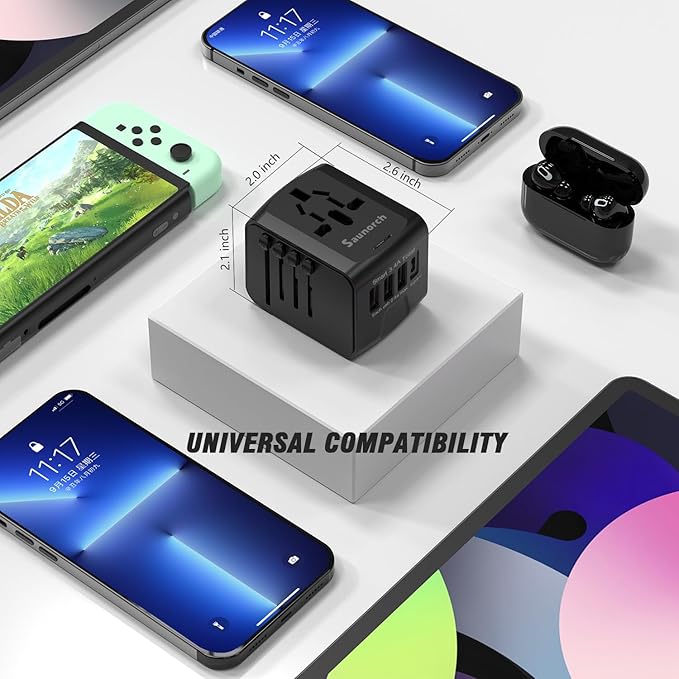 Universal International Travel Power Adapter W/High Speed 2.4A USB, 3.0A Type-C Wall Charger, European Adapter, Worldwide AC Outlet Plugs Adapters for Europe, UK, US, AU, Asia-Black