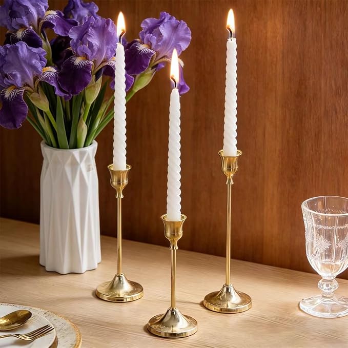 Gold Candlestick Holders 1 Set(3 Pcs)- Brushed Metal Taper Candle Holders with Anti-Slip Base, Vintage Brass Candle Stick Holder for Wedding Centerpieces, Dining Table, Fireplace & Mantel Dec