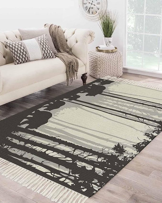 Rustic Bear Large Runner Rug 4X6 Ft Living Room Area Rug, Washable Woven Forest Animal Rustic Cabin Throw Carpet with Tassel, Non-Shedding Farmhouse Vintage Nature Scenery Art Bedroom Office Carpets
