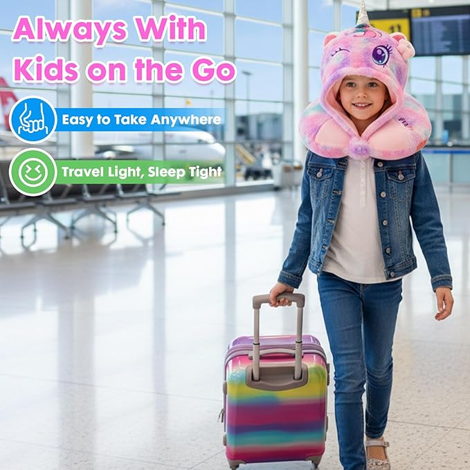 Travel Neck Pillow with Hood for Kids Adult Cute Soft Plush Memory Foam Airplane Neck Pillow for Traveling Animal Flight Pillow Head Rest Neck Support for Cars Long Flights