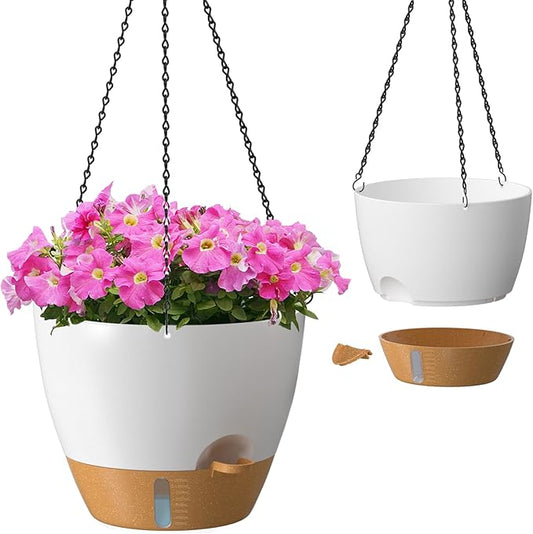 ZMTECH 12 Inch Hanging Planters for Indoor Outdoor Plants, 2 Pack Self Watering Hanging Plant Pots with Drainage Hole, Visual Reservoir, Plastic Flower Hanging Pots with Watering Lip (White)