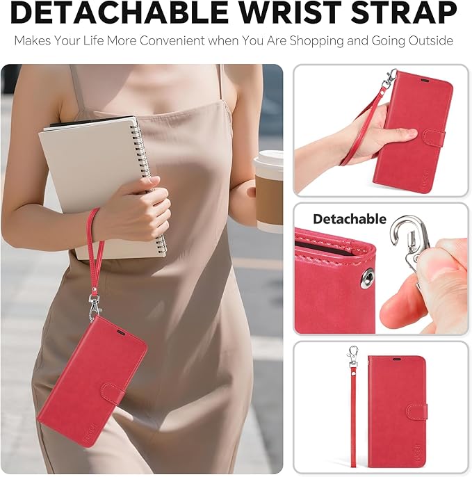TUCCH 2-in-1 Removable Case Wallet for iPhone 17 Pro Max (6.9") 2025, Detachable Wrist Strap, 4 Card Holders RFID Blocking, Wireless Charging, Stand, Magnetic, PU Leather, Shockproof Folio Cover, Red