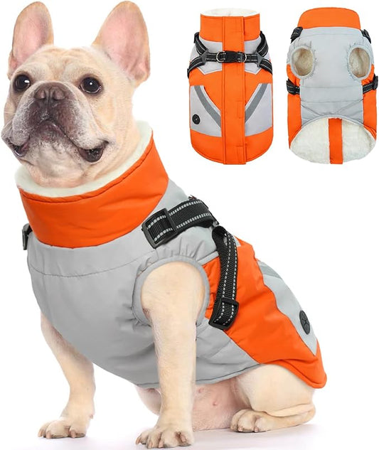 FUAMEY Dog Winter Jackets for Small Dogs,Dog Coat with Harness Built in,Waterproof Dogs Snowsuits Warm Pet Jacket Zip Up Fleece Cold Weather Coats Reflective Safety Pets Hunting Vest Orange S