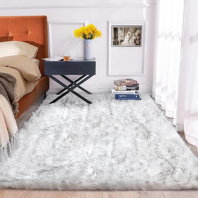 Gray and White Area Rug 6x9 Rugs for Bedroom Fuzzy Plush Large Sheepskin Washable Fluffy Fur Rug for Living Room Nursery Rug