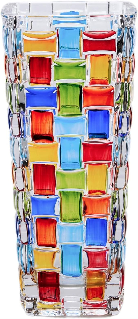 Hand Woven Colorful Glass Flower Vase - 7.7 Inch Mosaic Crystal Vase for Flowers, Unique Stained Glass Vase for Centerpieces, Weddings, Home Decor & Gifts for Women