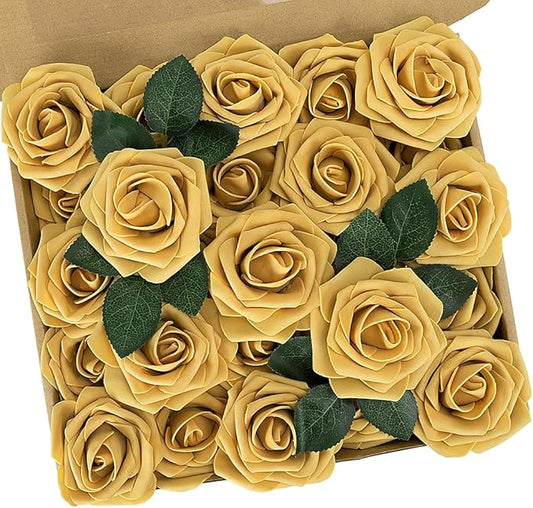 N&T NIETING Artificial Rose Flowers, 25pcs Fake Flowers Fall Yellow Rose DIY for Wedding Bridesmaid Bridal Bouquets Centerpieces Party Cake Decoration Home Display, Gold Yellow