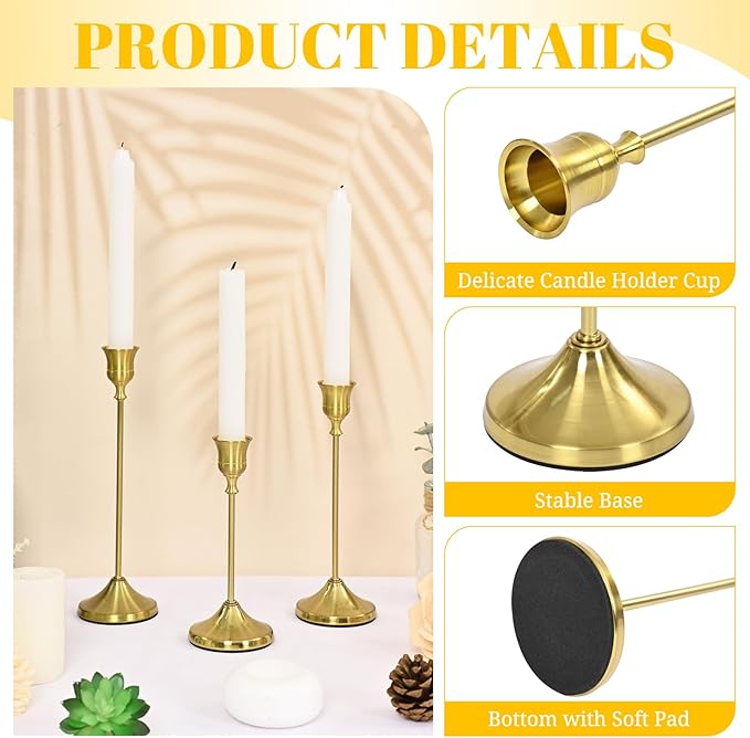 Candlestick Holders 15 PCS, Metal Taper Candle Holder, Brass Gold Candle Holders for Pillar Candles, Vintage Dining Table Centerpiece Decorations for Wedding Party Christmas Halloween Decor