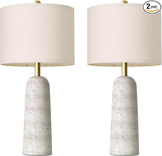 BOBOMOMO 27.25" Modern Table Lamp Set of 2, White Resin Table Lamps with Stone Look, Lamps for Living Room with Linen Shades, Bedside Lamps for Bedroom, Nightstand, Entryway