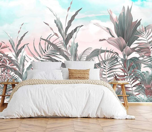 Tropical Leaves Flowers Seamless Pattern Mural, Wallpaper for Bedroom, Living Room, Bathroom Decorative Art Background Wall（Non-self-Adhesive）