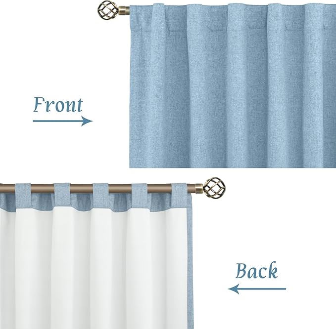 LAMIT Stone Blue 100% Blackout Linen Curtains, 63 Inches Linen Textured Thermal Bedroom Curtains Back Tab and Rod Pocket Neutral Panels with White Liner for Farmhouse, 2 Panels, 38 x 63 Inch